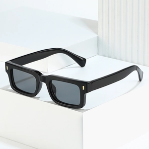 Classic black square sunglasses with thick frames and three vertical gold metal accents