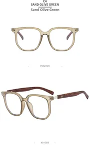 Detail view of sand olive green polygon glasses frame with wood grain textured temples
