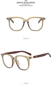 Detail of bright olive green square glasses frame with wood grain temples and rivets