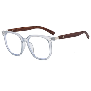 Polygonal blue transparent glasses frame with wood grain temples at a 45-degree angle