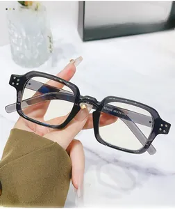 Macro detail of SZ2005 square eyeglasses frame showing metal rivets and hinge structure