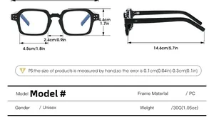 Detailed size specifications for square PC frames including bridge and temple dimensions