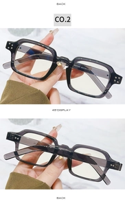 Detail of square acetate eyewear frames with metal rivet accents and SZ2005 sizing info