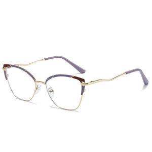 Women Cat Eye Eyeglasses Frames Metal Wave Temples Anti Blue Light Blocking Spliced Color Fashion Computer Optical Glasses