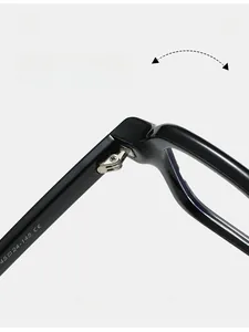 Detailed close-up of durable metal hinges and size specs on black acetate eyewear frames