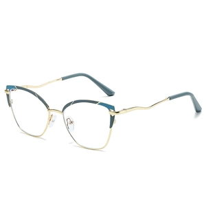 Cat eye metal glasses with teal accents and stylish wavy temples on white background