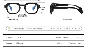 Detailed sizing chart and specifications for unisex square blue light blocking glasses