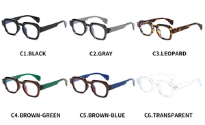 Detailed grid display of retro thick-framed blue light blocking glasses in six distinct colors