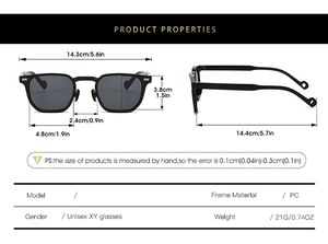 Detailed dimensions of black PC frame sunglasses with side and front view measurements