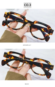 Detail view of stylish tortoise shell glasses frames with 45-degree angle and back side views