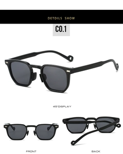 Three-angle view of black polygon sunglasses with hollow round tips and dark grey lenses