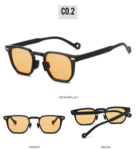 Detailed multi-angle views of retro polygon sunglasses with black frame and orange lenses