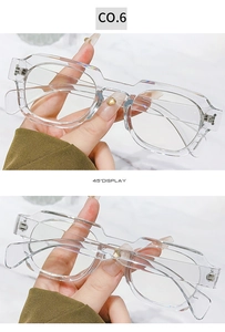 Detail display of transparent square eyewear frames showing 45-degree side structure