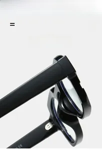 Close-up of sleek black square glasses frame featuring silver metal logo detailing