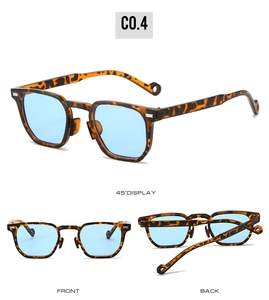 Detailed views showing tortoiseshell frame and blue lenses of vintage sunglasses