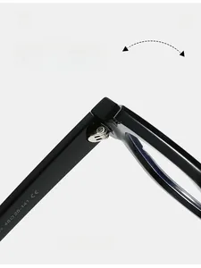 Macro shot of durable metal hinge on black acetate anti-blue light glasses frame
