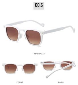 Three angles of trendy white chunky polygon sunglasses with brown gradient lenses