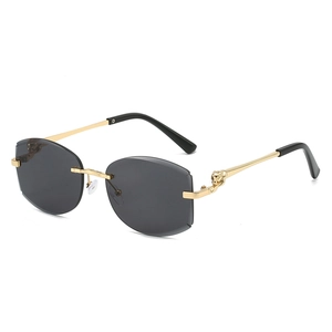 Lunettes De Soleil Sans Monture Cadre Métallique Décor Tête Léopard Verres Dégradés Luxe Rétro Mode Femmes UV400