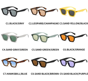 Grid view showcasing nine different frame colors and lens tints for square sunglasses