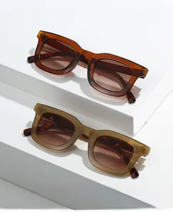 Close-up of retro square sunglasses featuring tortoiseshell temples on a minimal white stand