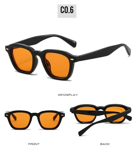 Three-way view of retro square black sunglasses with orange lenses and metal rivets
