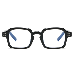 Square thick frame black glasses with silver rivets and blue light blocking lenses