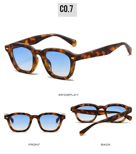 Retro tortoise square sunglasses with blue gradient lenses and gold temple accents