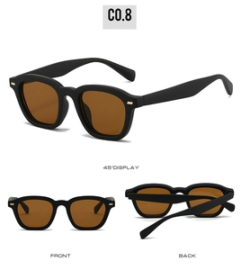 Detailed multi-angle views of vintage square black sunglasses with amber tea lenses