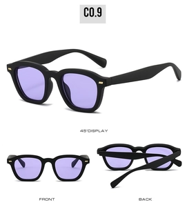 Three-angle view of vintage square sunglasses with black frames and purple lenses
