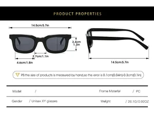 Detailed size guide for rectangular sunglasses showing frame width and lens measurements