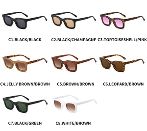 Detailed grid showing 8 trendy square sunglasses in varied frame colors and lens tints