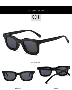 Detail view of black square frame sunglasses showing front, side and back perspectives