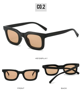 Detailed multi-angle views of retro square sunglasses with orange lenses and black frame