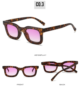 Detail view of tortoiseshell square sunglasses with pink gradient lenses and side profile