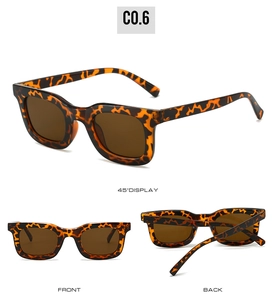 Detailed three-angle view of vintage leopard print square sunglasses with dark brown lenses