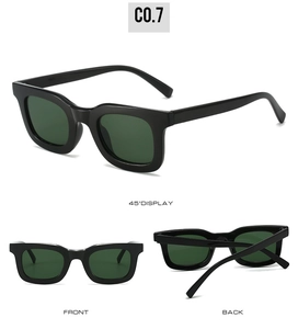 Three-angle view of vintage black square sunglasses with dark green lenses and metal hinges