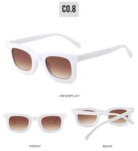 Detailed multi-angle views of retro white square sunglasses with brown gradient lenses