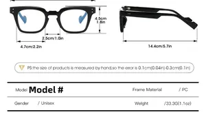 Guide des tailles détaillé pour lunettes carrées avec matériaux et caractéristiques