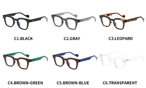 Matrice montrant six options de couleurs pour montures de lunettes carrées incluant le noir