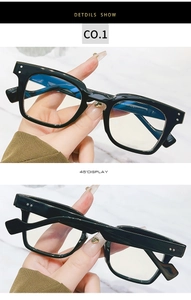 Détail de la monture de lunettes carrée noire rétro avec marquage CE et spécifications