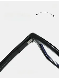 Détail des charnières métalliques et des spécifications de taille sur la monture noire