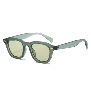 Retro matte green square sunglasses with light yellow lenses and gold metal rivets
