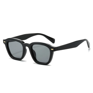 Retro square black sunglasses with thick frames and three gold metal temple accents