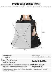 Detailed view of black nylon backpack dimensions 34x32x14cm with weight 0.43kg