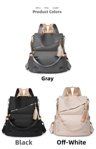 Three multi-color large capacity nylon backpacks with tassel charms in a detail layout