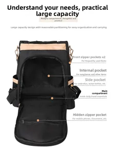 Detailed view of black backpack interior with multiple storage compartments and pockets