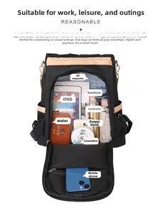 Detail of black nylon backpack interior showing large capacity for A4 files and gadgets