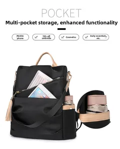 Detail view of black nylon backpack showing multi-pocket storage for tablet and umbrella