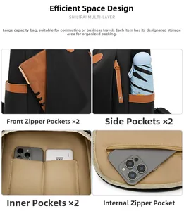 Detail showing multiple storage pockets and water-resistant fabric of the black backpack