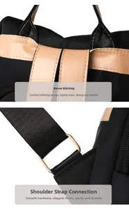Detail of black fabric backpack showing leather trim and gold hardware stitching